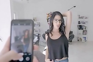 Hot mom in glasses blows her son