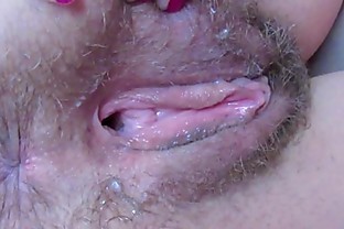 Extreme close up wet pussy fucking with huge dildo . Big clit , big labia ,hairy cunt gaping