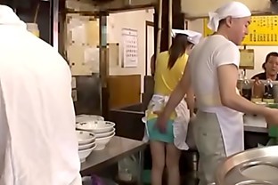 Sexy Japanese waitress Asuka gets gangbanged and creampied in public
