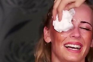 Nasty bombshell gets cum load on her face swallowing all the juice